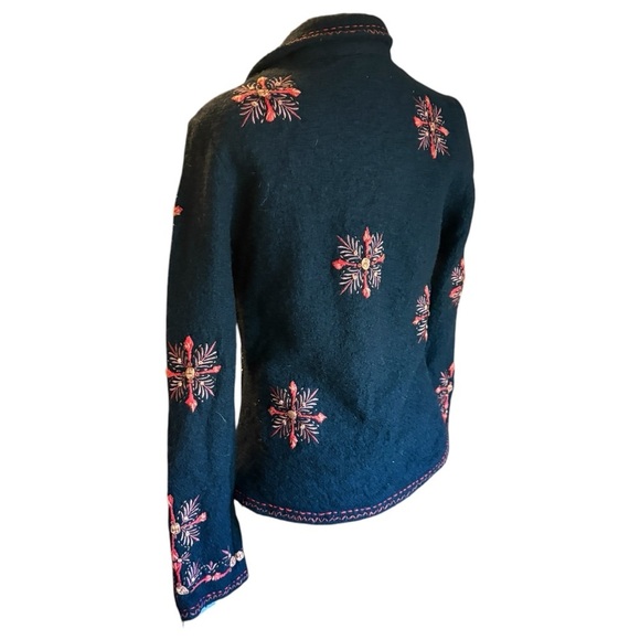 CoVelo Black Coat Red Embroidered Floral Felted Boiled Wool Jacket, size Small - Picture 11 of 14